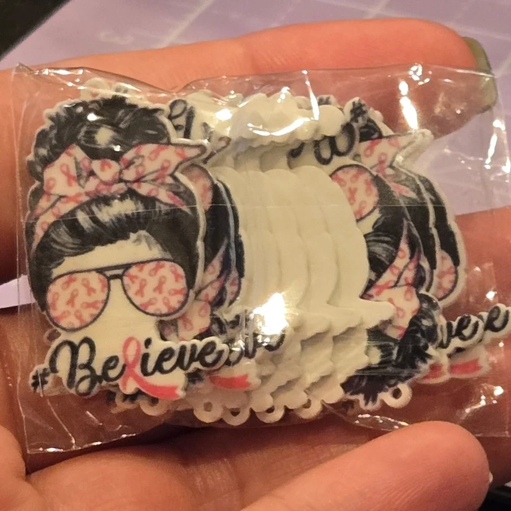 Breast Cancer Awareness Messy Bun Acrylic Charms Believe Pink Ribbon DIY 10pc